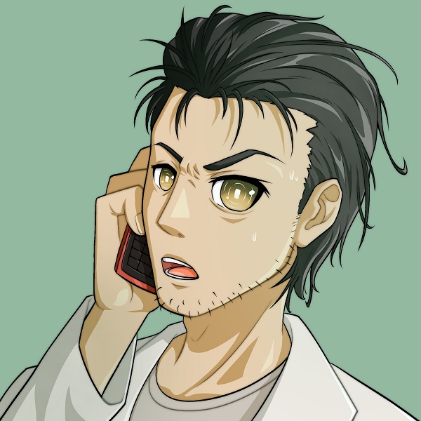 Hình Okabe Rintaro gọi điện với vẻ mặt nghiêm túc