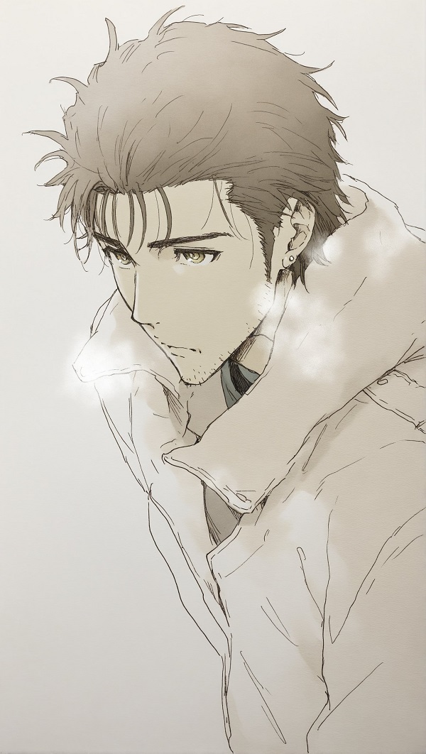 Ảnh Okabe Rintaro trầm tư suy nghĩ