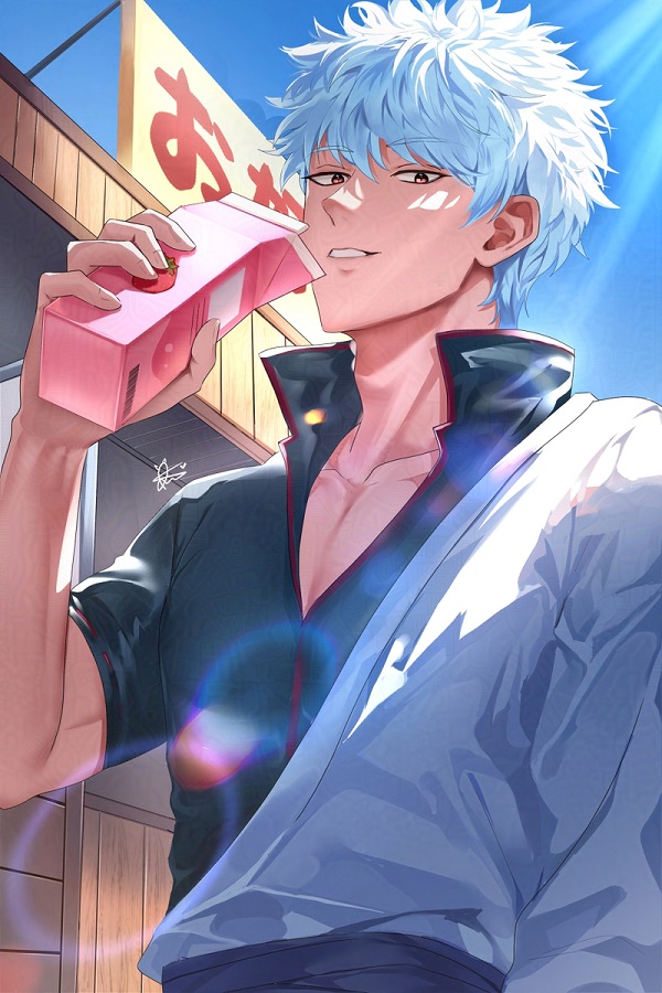 Hình Gintoki đang uống sữa nhưng vẫn toát ra khí chất