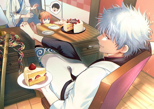 Ảnh Gintoki ngồi nhâm nhi bánh kem cực chill