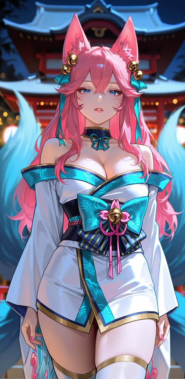 Gái Ahri cosplay trong khung cảnh ban đêm đầy ma mị