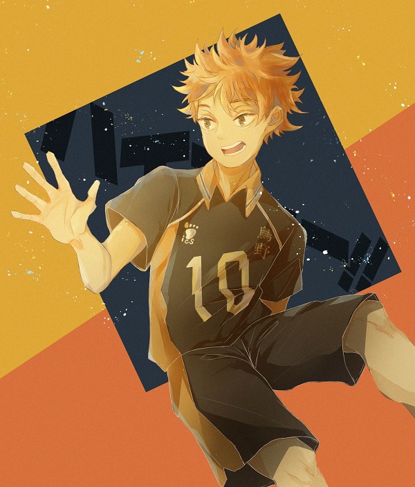 Ảnh Hinata Shouyou ngầu bật cao giữa sân đấu với ánh mắt quyết tâm