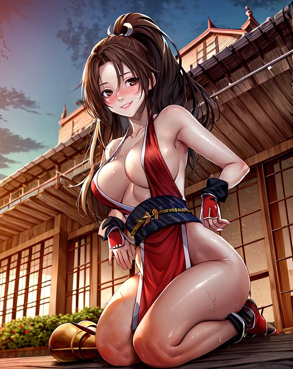Hình ảnh Mai Shiranui dưới ánh hoàng hôn đỏ rực