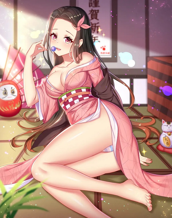 Nezuko ngồi bên lan can gỗ cổ, đầy thơ