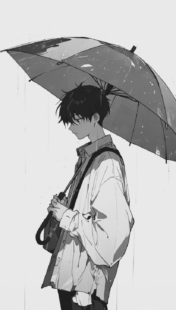 Chàng trai anime đứng một mình trong mưa, ánh mắt u buồn, toàn cảnh đen trắng.