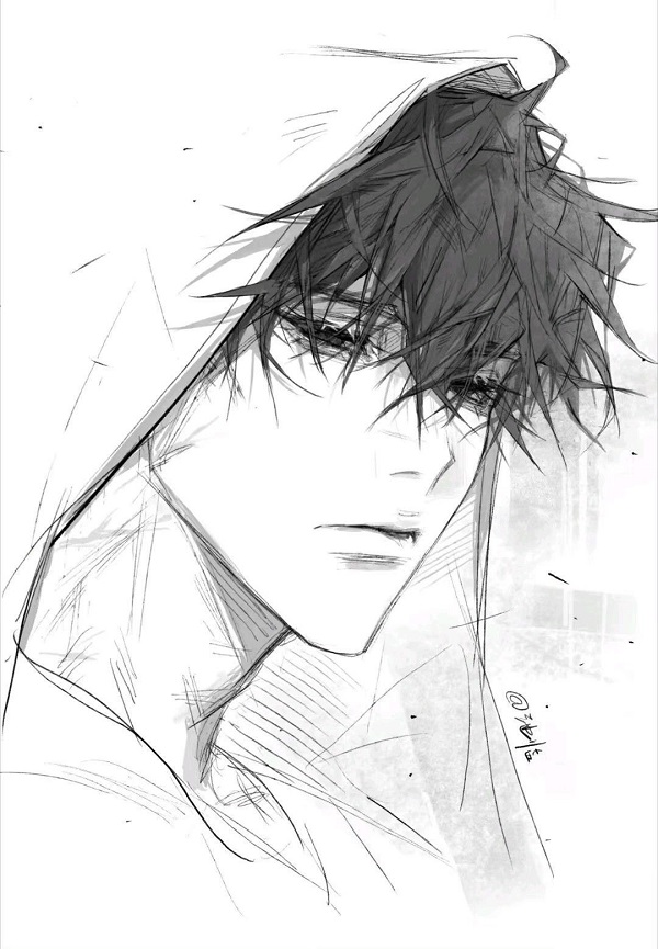 Anime nam buồn dưới mưa tầm tã, đơn độc giữa khung cảnh đen trắng u ám.