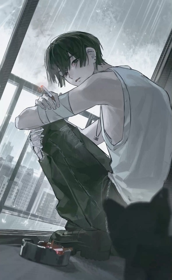 Nhân vật nam anime ngồi tựa cửa sổ, nhìn ra ngoài, không gian tĩnh lặng, đơn sắc.