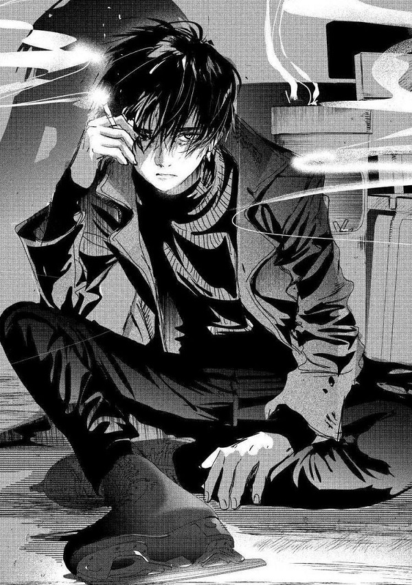AẢnh anime nam buồn đen trắng giữa dư âm của đổ nát, đứng giữa khung cảnh hoang tàn