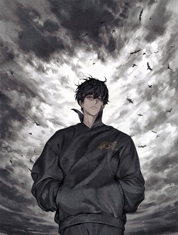 Anime nam tóc rũ, buồn bã.