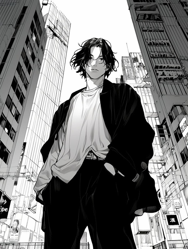 Anime nam bó gối, đơn sắc.