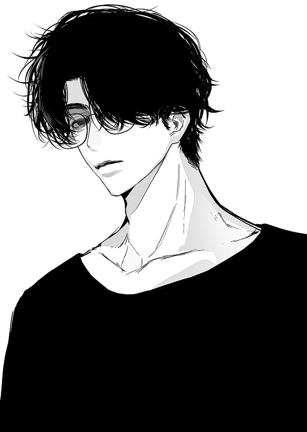 Anime nam nhìn xuống, chì đen trắng.