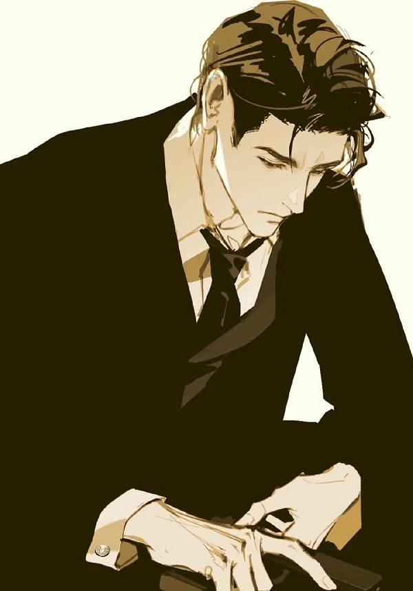 Gương mặt trầm tư của một nam nhân vật anime.