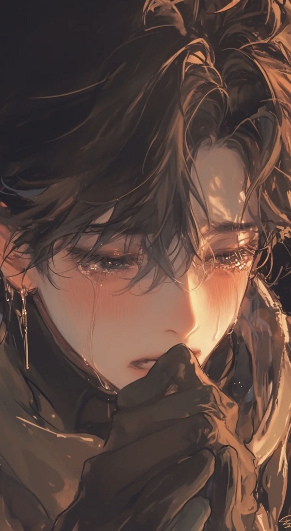 Ánh mắt vô định của một chàng trai anime trong đêm.