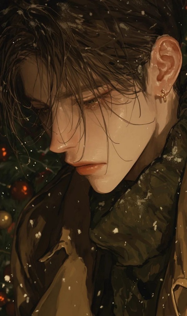 Chàng trai anime ngồi bó gối, đầu gục xuống.