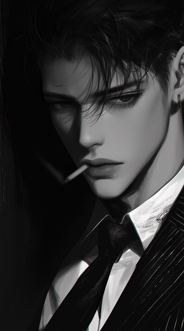 Chàng trai anime ngồi trong quán cà phê vắng vẻ.