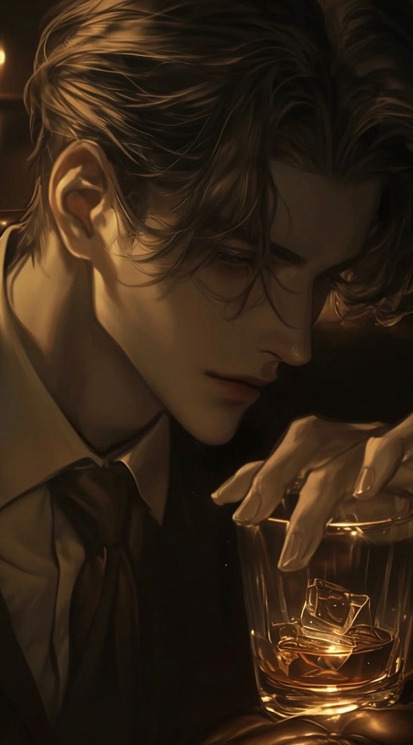 Hình ảnh một chàng trai anime với mái tóc dài bay trong gió, biểu cảm buồn.