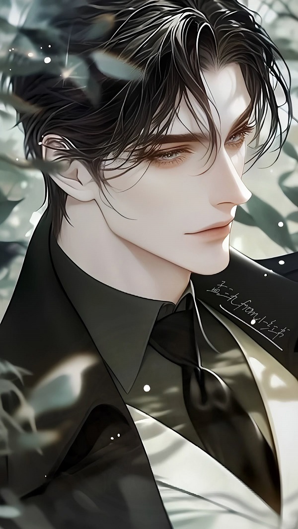 Chàng trai anime với đôi mắt đỏ hoe, cố kìm nén cảm xúc.