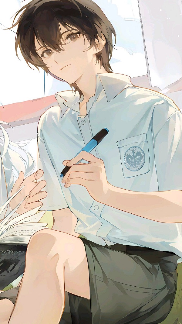 Nam sinh anime đang đọc sách trong thư viện, vẻ mặt tập trung và tri thức.
