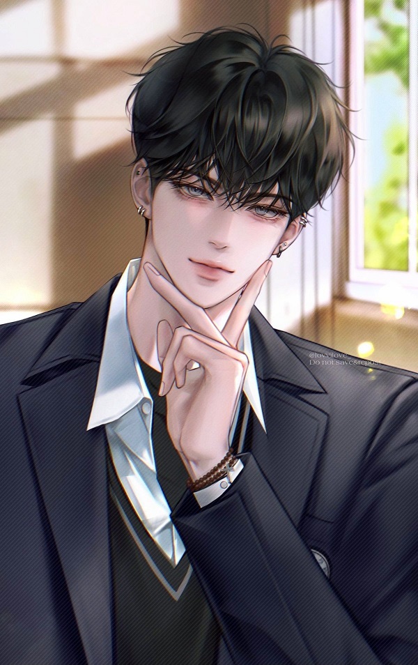 Nam sinh anime đang ngồi ở bàn học, tay cầm bút, vẻ mặt suy tư.
