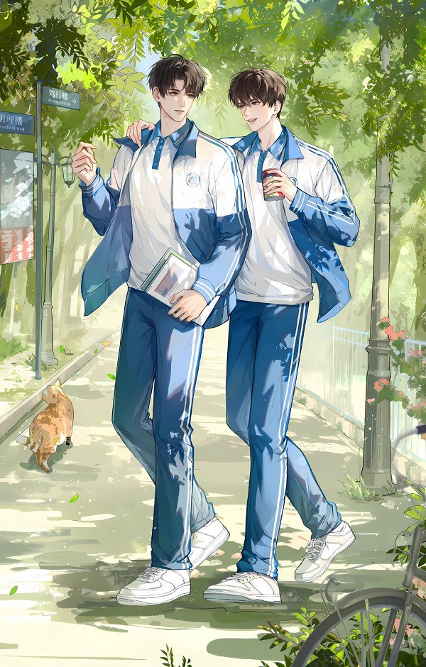 Nam sinh anime đang ăn trưa trong căng tin, trò chuyện với bạn bè.