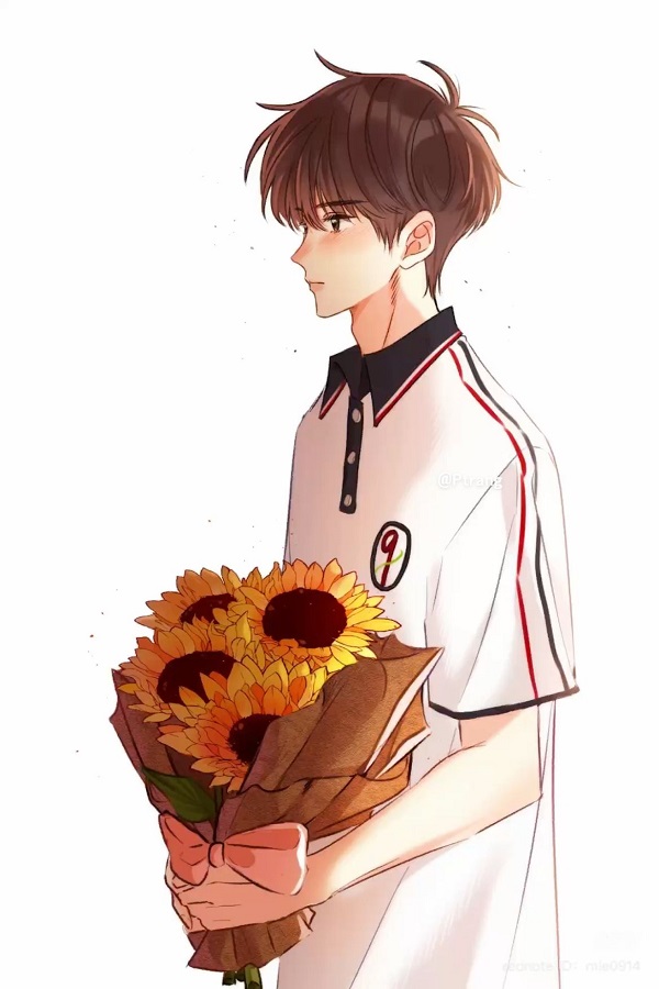 Nam sinh anime trong bộ đồng phục mùa đông, khăn quàng cổ ấm áp.