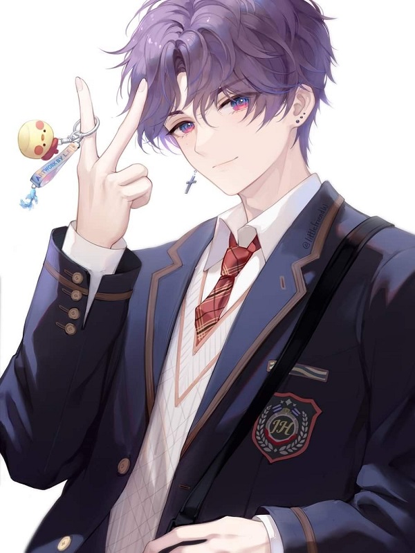 Nam sinh anime với ánh sáng phản chiếu từ cửa sổ lớp học.