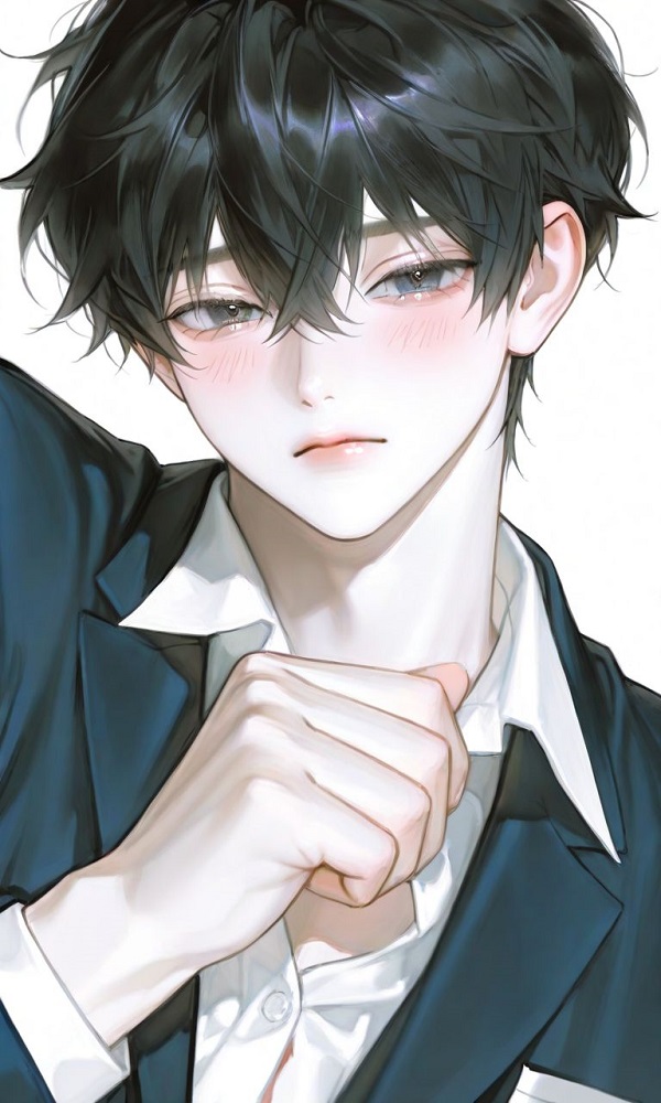 Nam sinh anime với biểu cảm bất ngờ, đáng yêu.