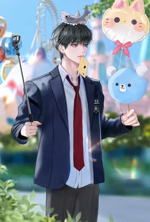 Nam sinh anime với mái tóc bồng bềnh, tạo vẻ lãng tử khi đứng dưới sân trường.