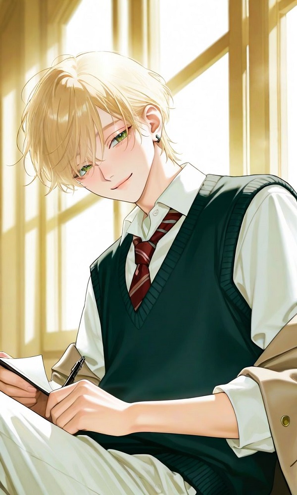 Nam sinh anime trong bộ đồng phục mùa hè, áo sơ mi trắng.