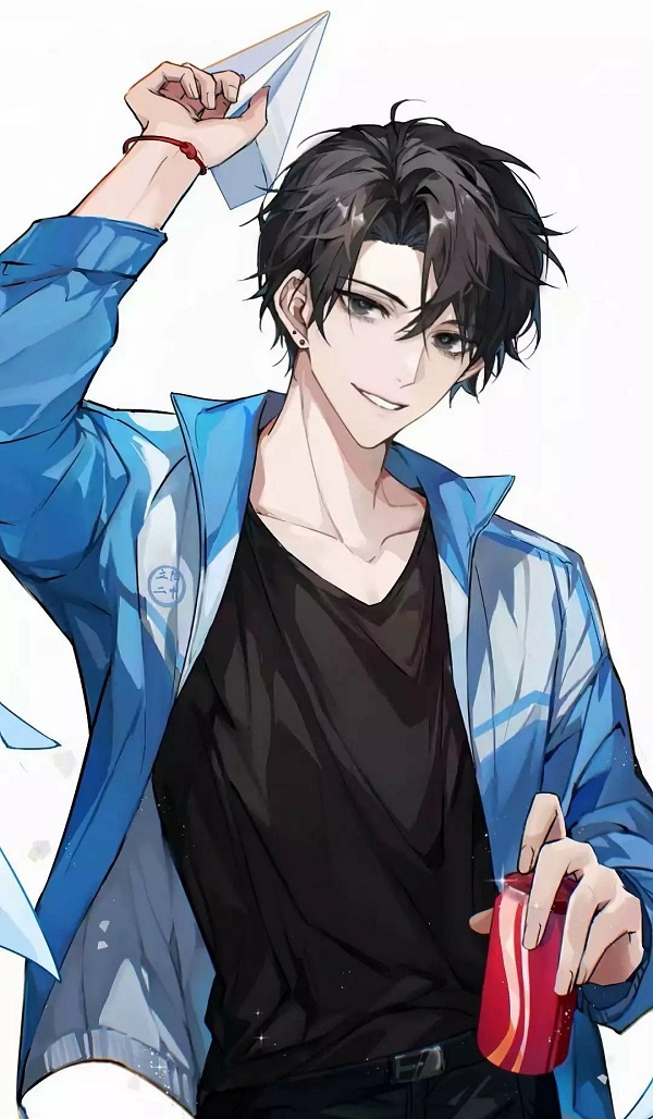 Nam sinh anime đang cười khúc khích, rất tự nhiên.