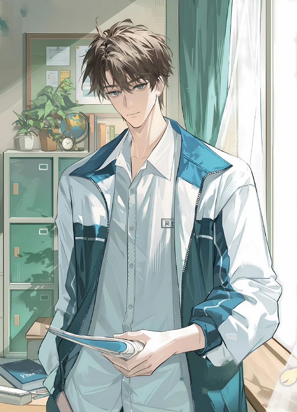 Ảnh anime nam học sinh vẻ mặt trầm tư.