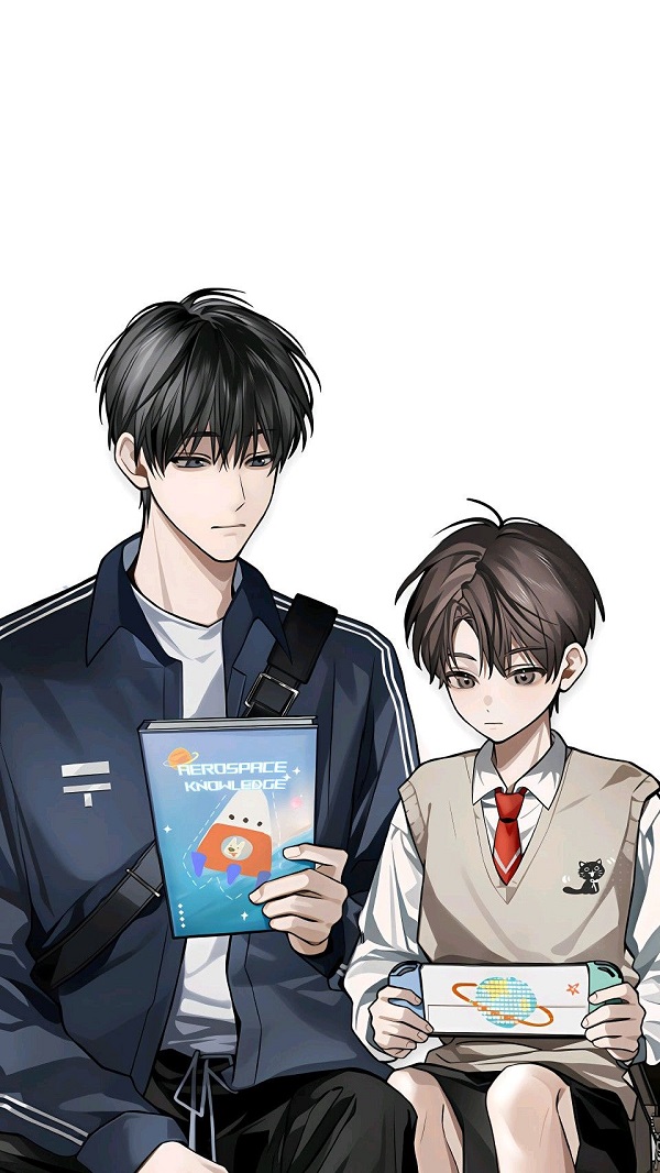Nam sinh anime với biểu cảm vui vẻ khi tan học.