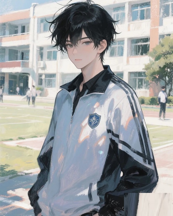 Hình ảnh một nam sinh anime đang nhìn thẳng vào ống kính, ánh mắt tự tin, đầy sức sống.