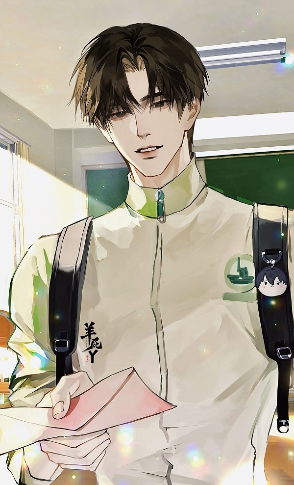 Nam sinh anime đang đi bộ trên hành lang trường học, cặp sách trên vai.