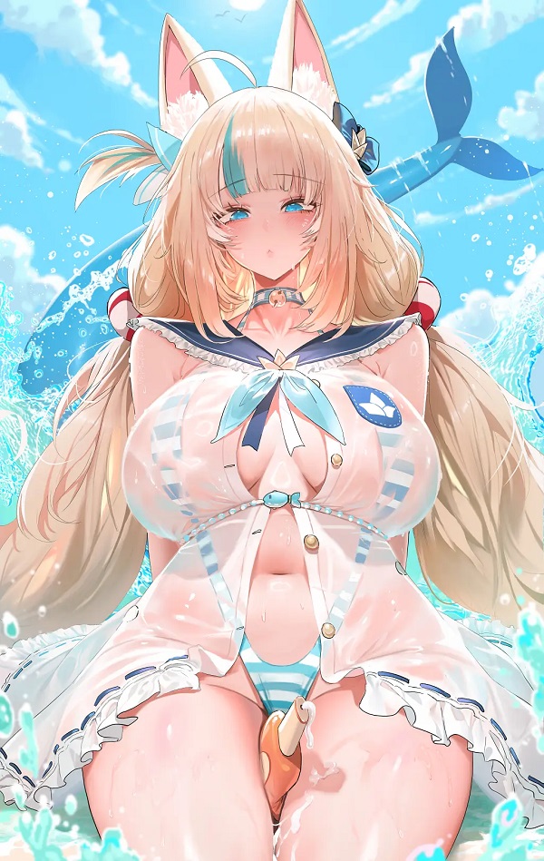 Hình ảnh một cô gái anime đang tạo dáng với đạo cụ, rất chuyên nghiệp.