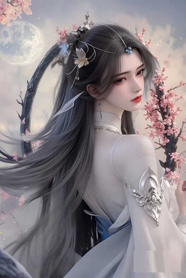 Lý Mộ Uyển trong bộ đồ ngủ lụa, ngồi trên giường.