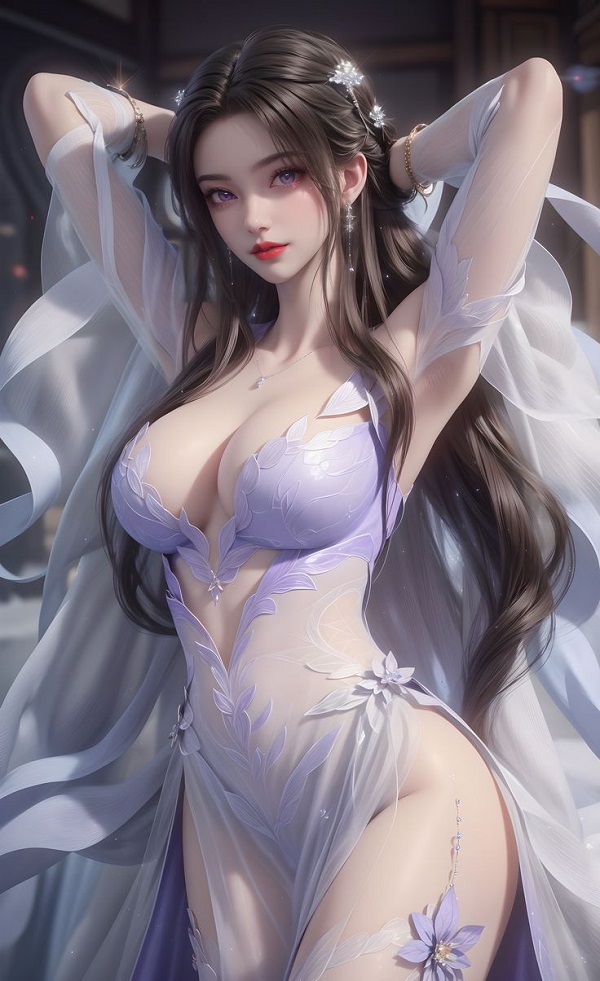 Hình ảnh Lý Mộ Uyển với nụ cười dịu dàng, đứng giữa khu vườn hoa đào.