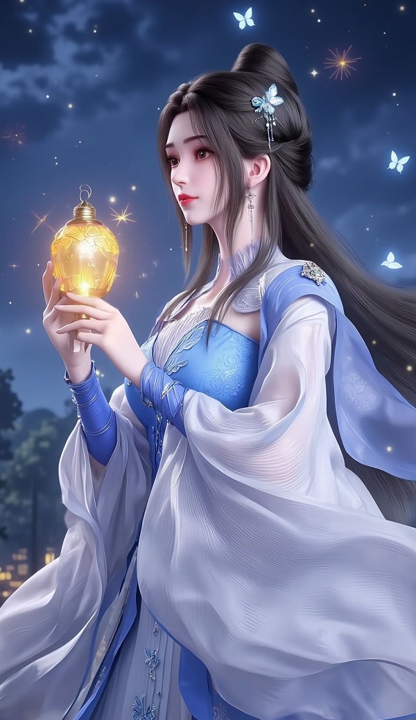 Cảnh Lý Mộ Uyển đang đứng giữa một cánh đồng hoa rực rỡ.