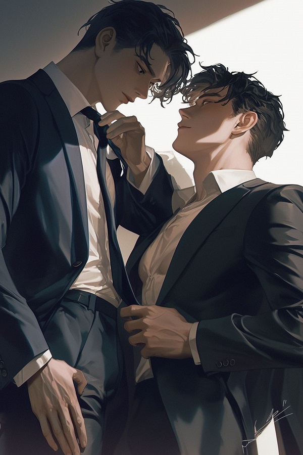 Hai chàng trai anime cùng nhau đi dạo dưới tán cây, ánh nắng xuyên qua kẽ lá.