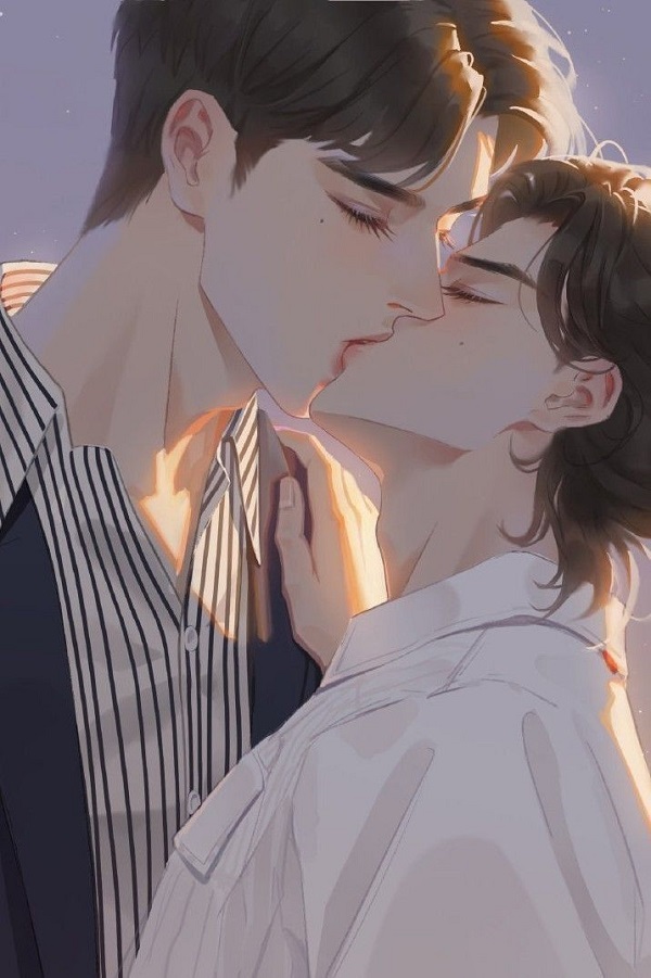 Hai chàng trai anime cùng nhau ngắm cảnh tuyết rơi, nép mình vào nhau.