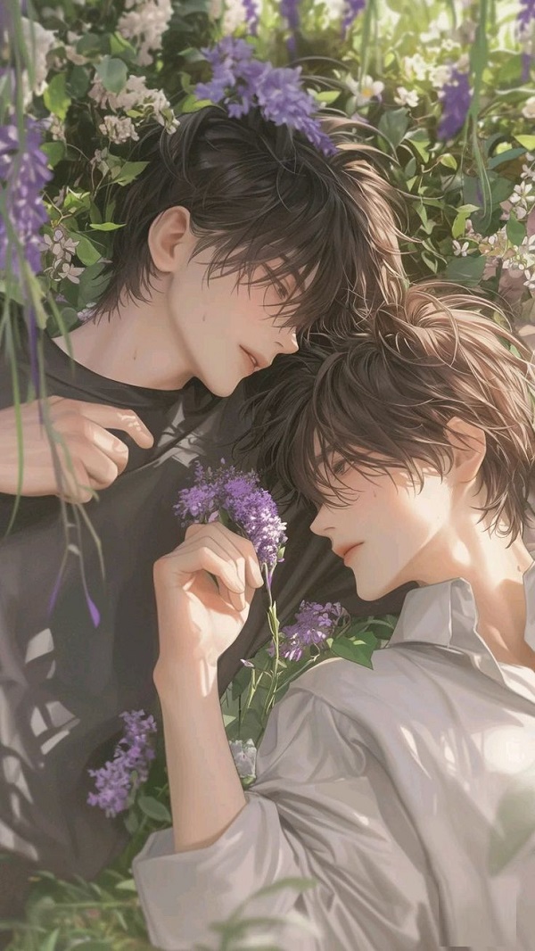 Hai chàng trai anime cùng nhau chơi nhạc cụ, ánh mắt giao nhau đầy cảm xúc.