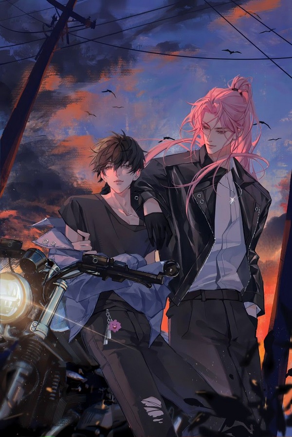 Cặp đôi anime tựa vào nhau bên cửa sổ, ngắm mưa rơi.