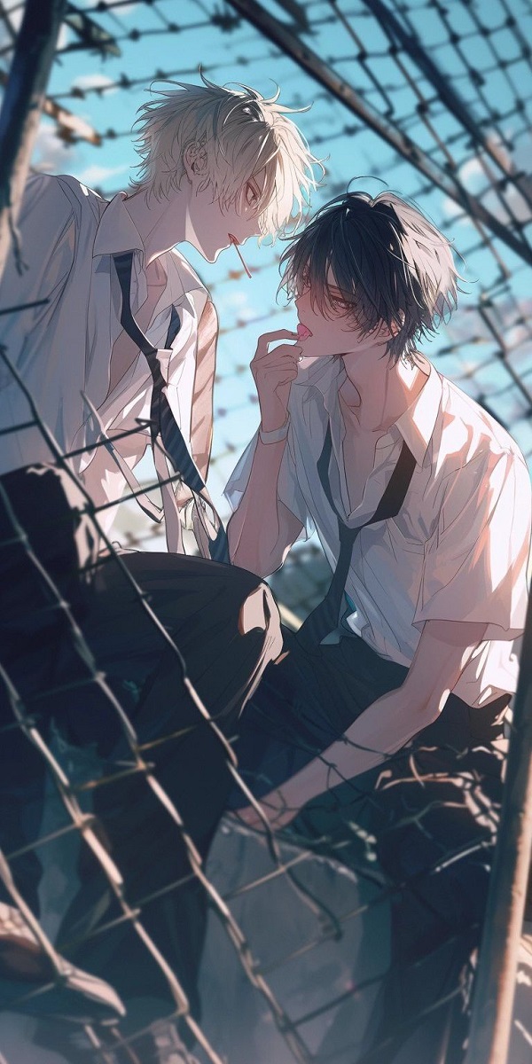 Hai chàng trai anime cùng nhau đi dã ngoại, tận hưởng không khí trong lành.
