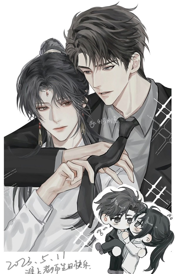 Hai chàng trai anime cùng nhau chăm sóc cây cảnh, rất dịu dàng.