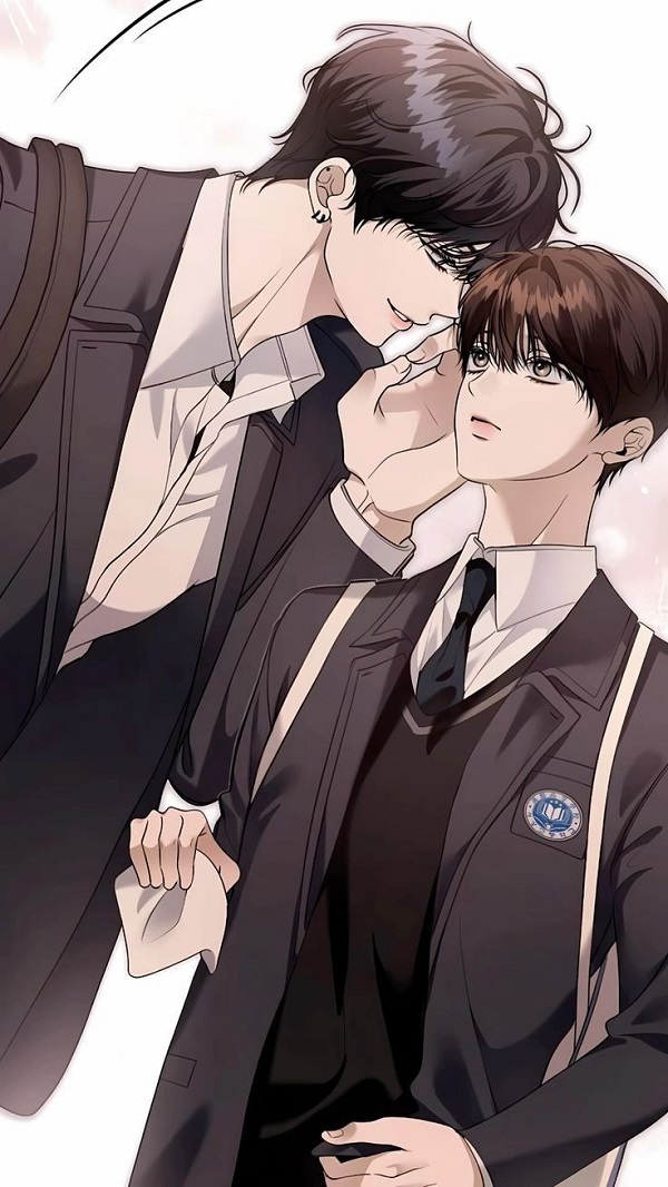 Hai chàng trai anime cùng nhau đi bộ dưới mưa, chung một chiếc ô.