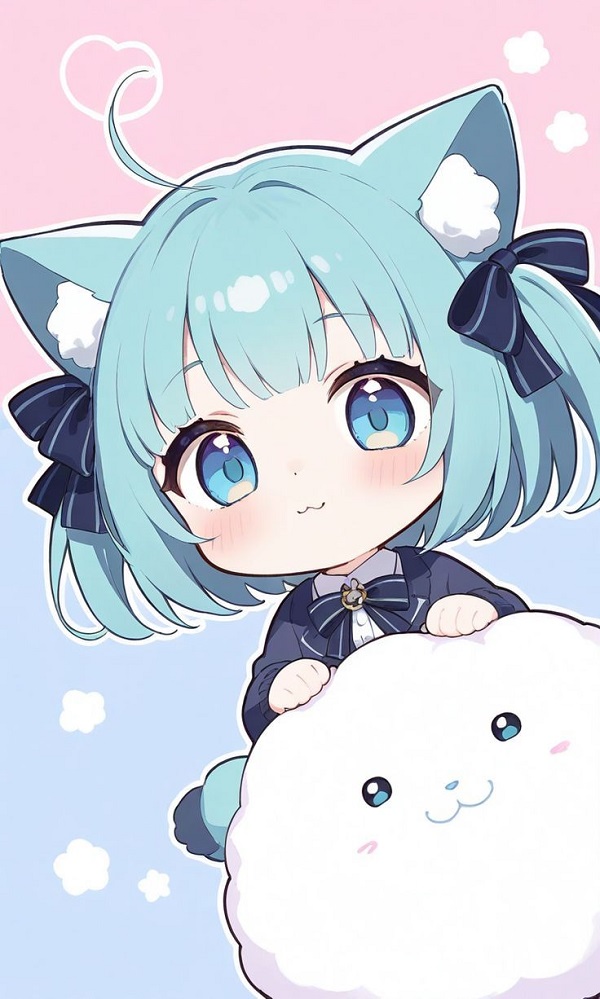 Chibi anime bé gái với tai mèo tinh nghịch