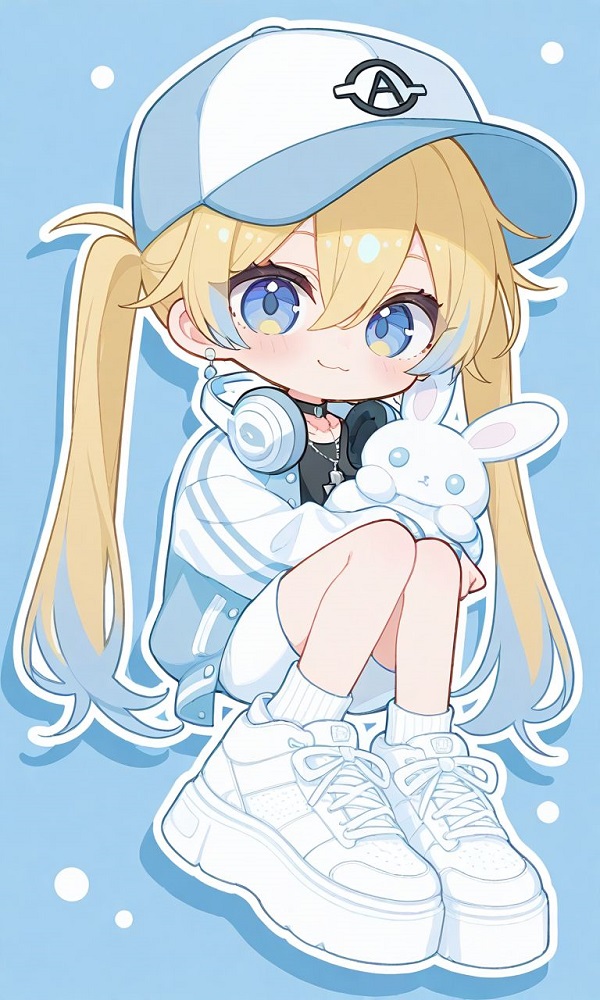 Chibi girl đang ôm thú bông khổng lồ