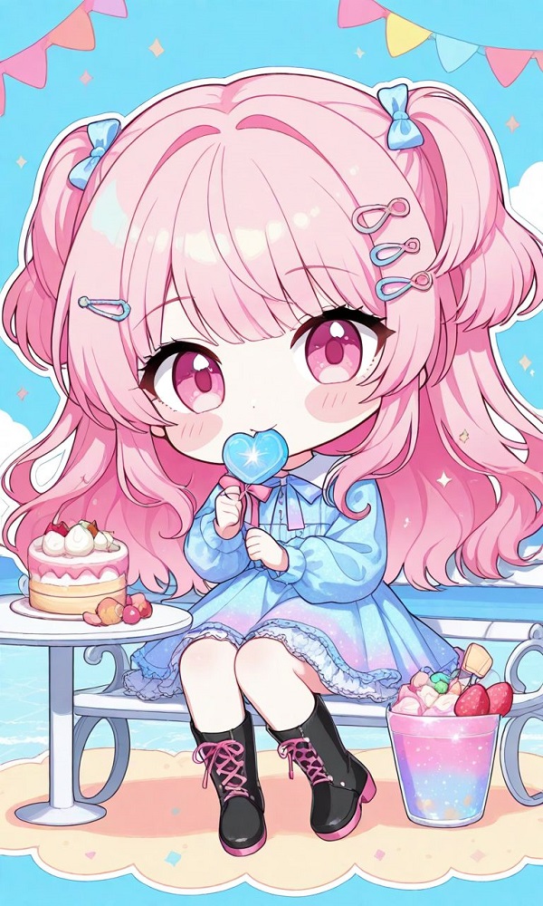 Bé gái chibi đang thổi bong bóng kẹo cao su