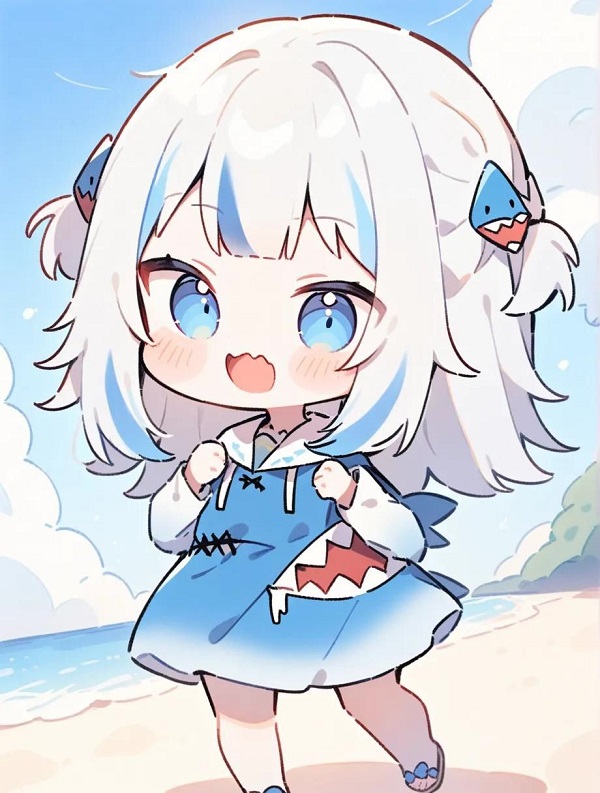 Nhân vật chibi đang ôm mèo trắng đáng yêu