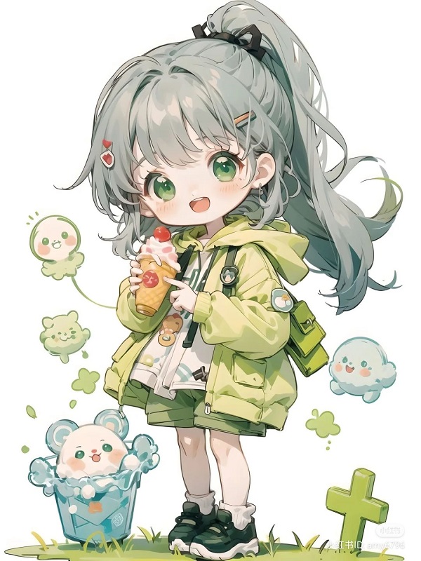 Chibi anime girl đang uống trà chiều